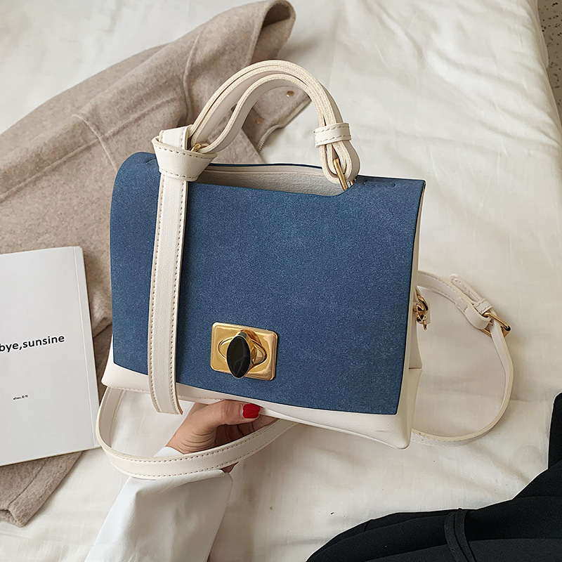 Fashion Blue Frosted Contrast Lock Buckle Shoulder Bag,Handbags