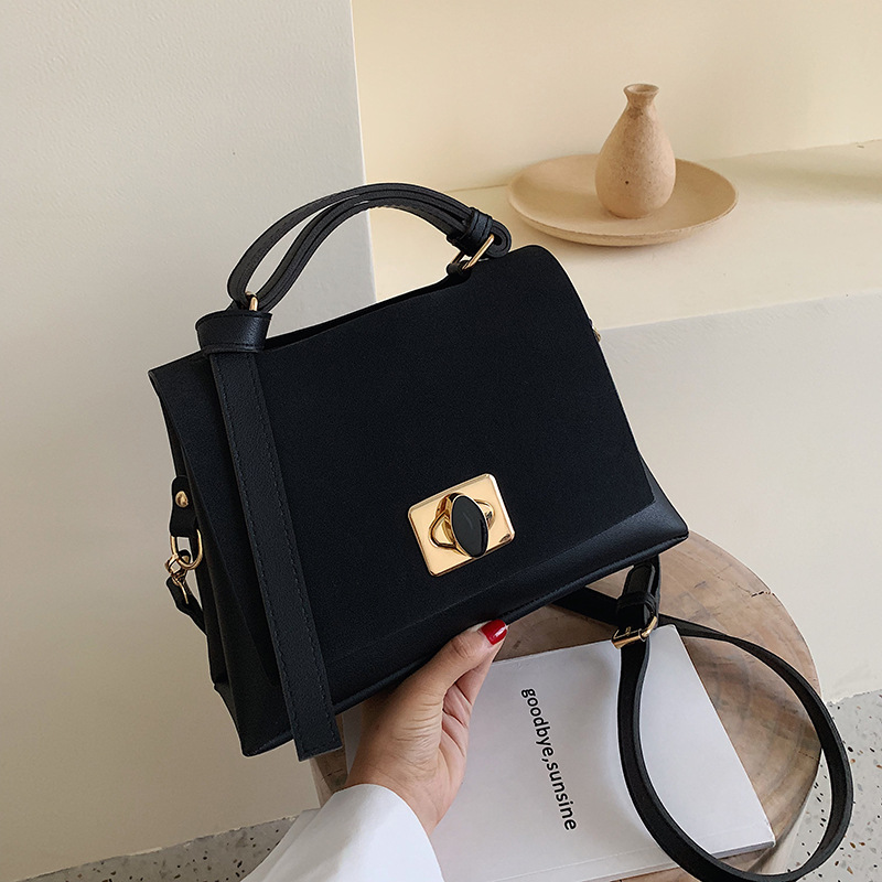 Fashion Black Frosted Contrast Lock Buckle Shoulder Bag,Handbags