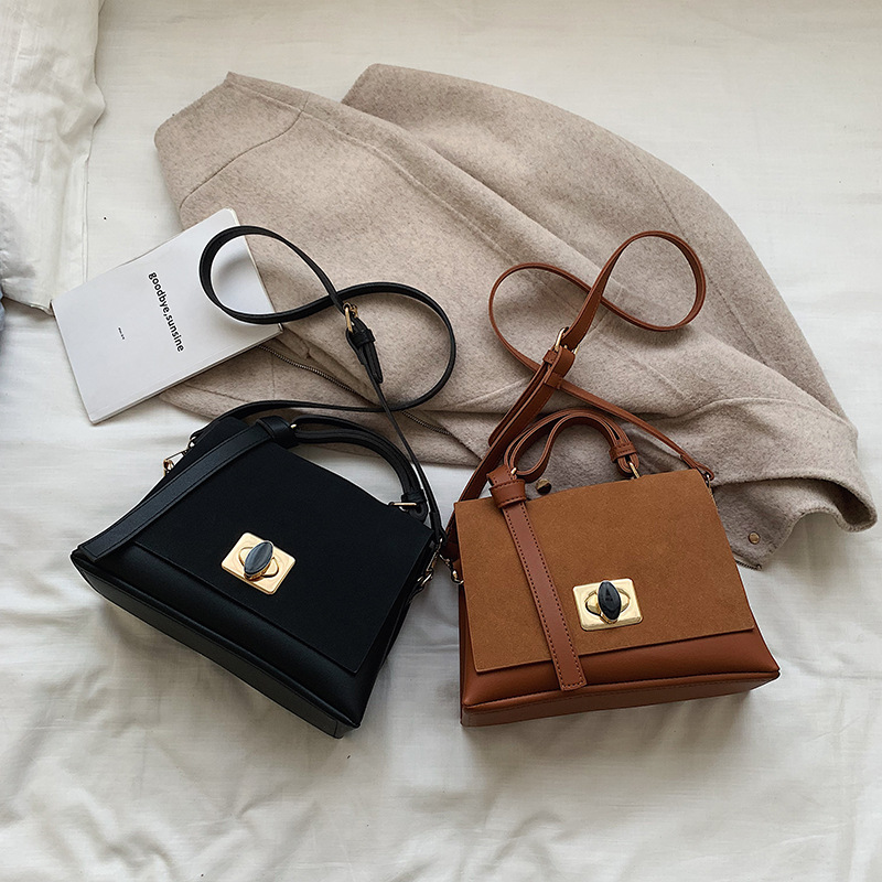 Fashion Brown Frosted Contrast Lock Buckle Shoulder Bag,Handbags