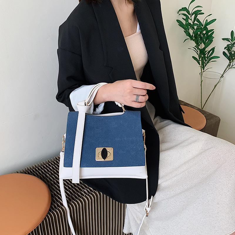 Fashion Blue Frosted Contrast Lock Buckle Shoulder Bag,Handbags