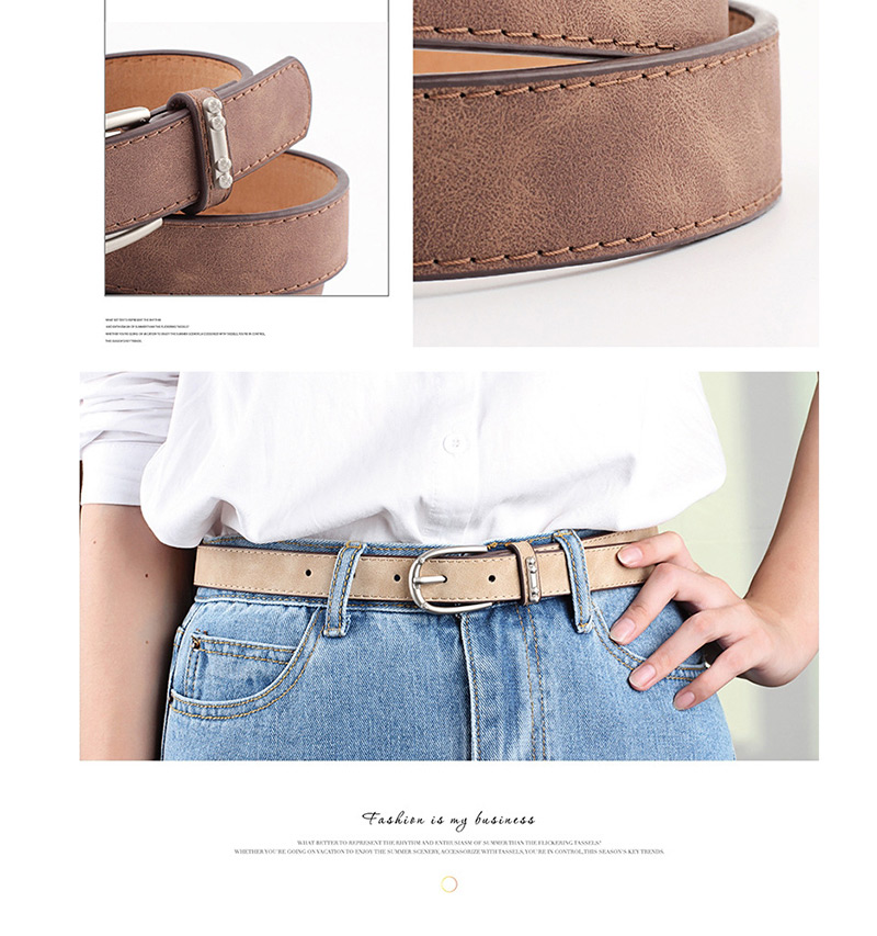 Fashion Khaki Alloy Accessories Ring Faux Leather Pin Buckle Flat Belt,Thin belts