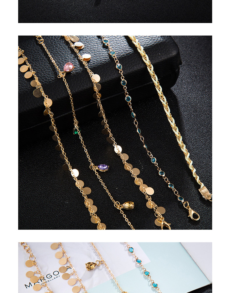 Fashion Gold Braided Wire Rope Alloy Round Diamonds Drop Anklet 5 Sets,Fashion Anklets