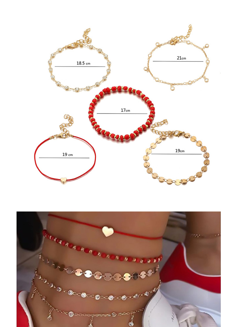 Fashion Gold Wire Rope Bead Alloy Heart-shaped Diamond Round Piece Anklet 5 Sets,Fashion Anklets