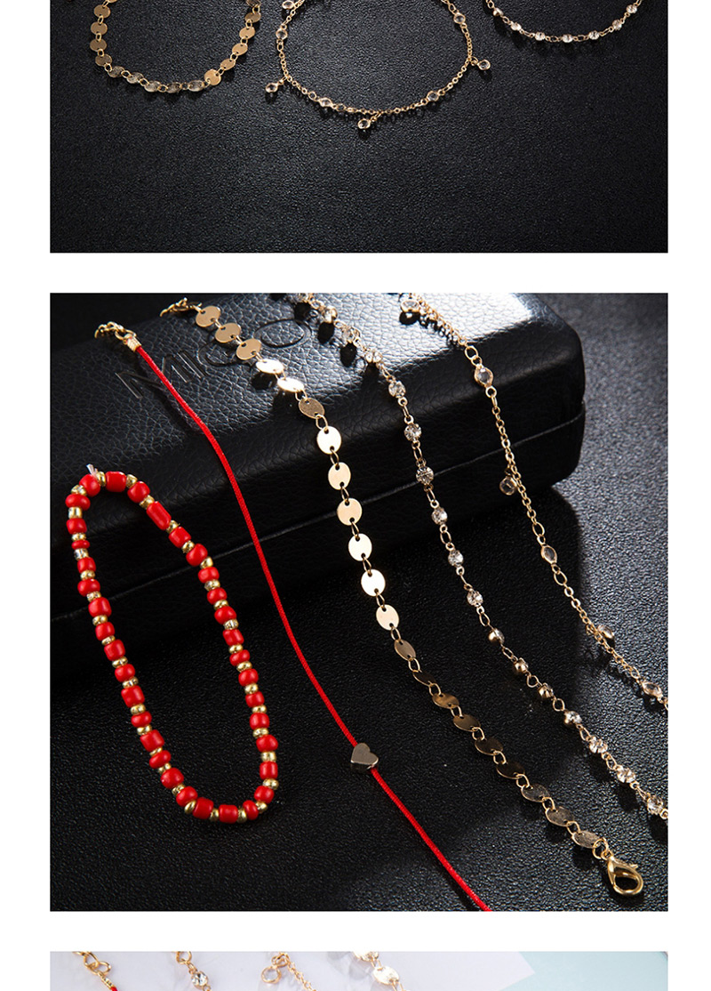 Fashion Gold Wire Rope Bead Alloy Heart-shaped Diamond Round Piece Anklet 5 Sets,Fashion Anklets