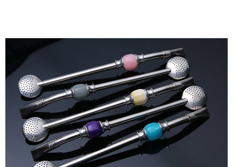 Fashion Color Bead Round Head Straw Set 304 Stainless Steel Straw Spoon Set,Kitchen