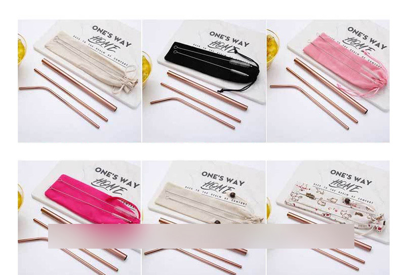 Fashion Rose Gold Tube Size Brush Blue Wave Bag Set Of 6 304 Stainless Steel Straw Set (10 Pieces),Kitchen