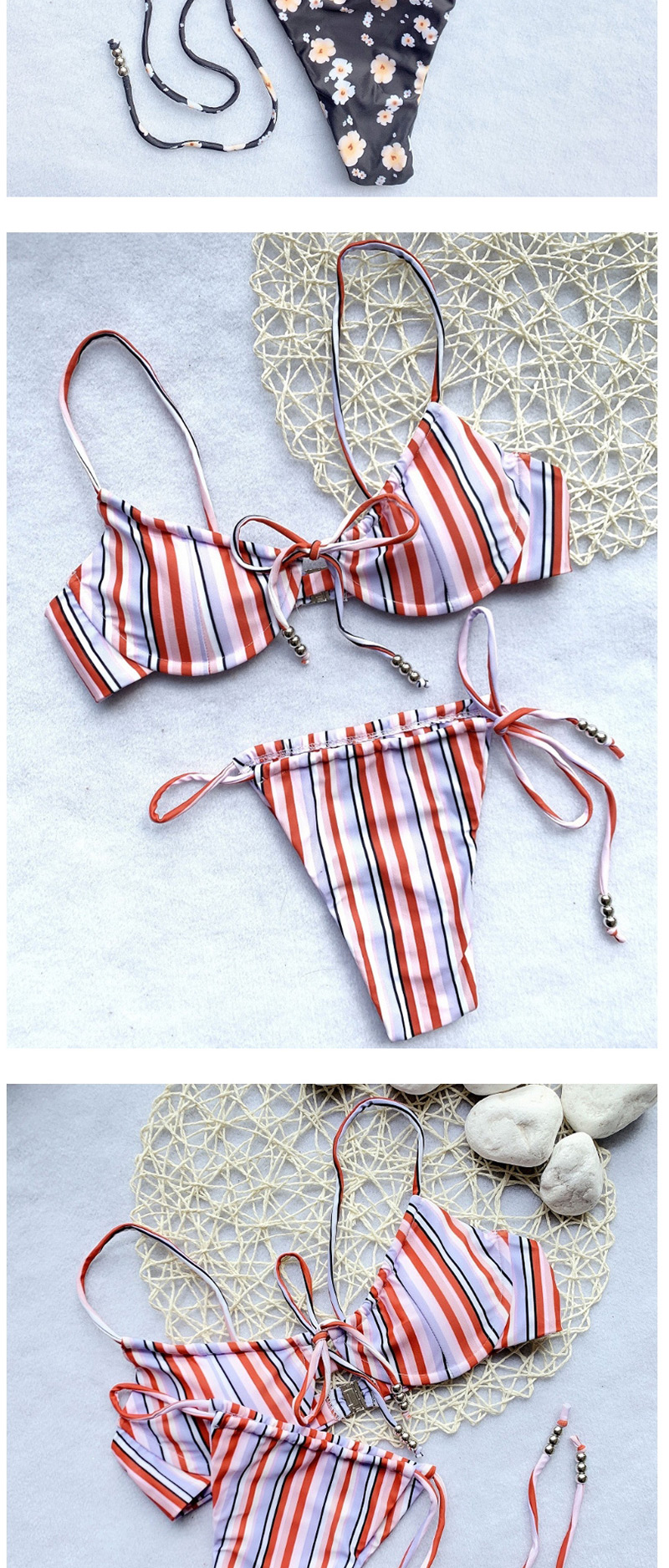 Fashion Stripe Floral Striped Print Straps Split Swimsuit,Bikini Sets