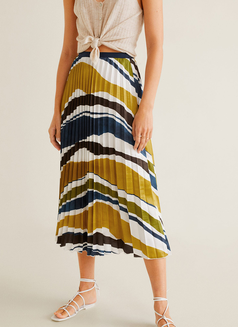 Fashion Color Satin Elastic Waist And Striped Printed Pleated Skirt,Skirts