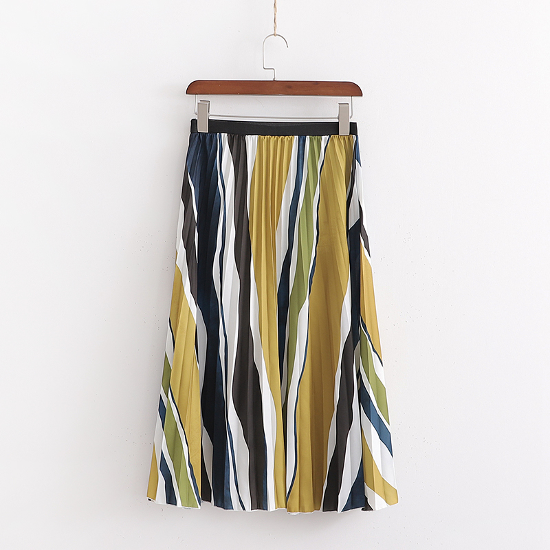 Fashion Color Satin Elastic Waist And Striped Printed Pleated Skirt,Skirts