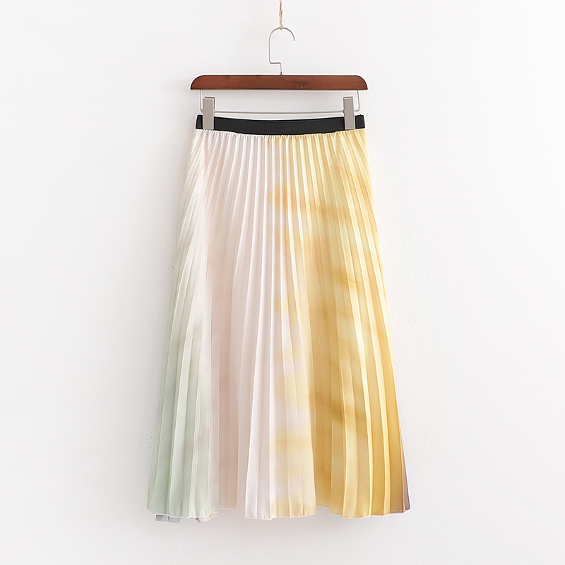 Fashion Color Tie-dyed Gradient Printed Elastic Waist Pleated Skirt,Skirts