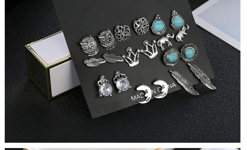 Fashion Silver Turquoise Moon Owl Combination Stud Earrings,Stud Earrings