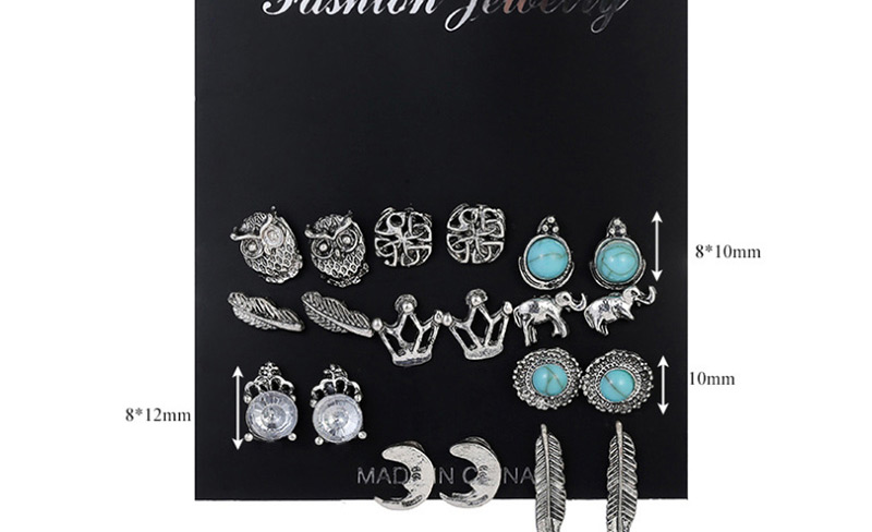 Fashion Silver Turquoise Moon Owl Combination Stud Earrings,Stud Earrings