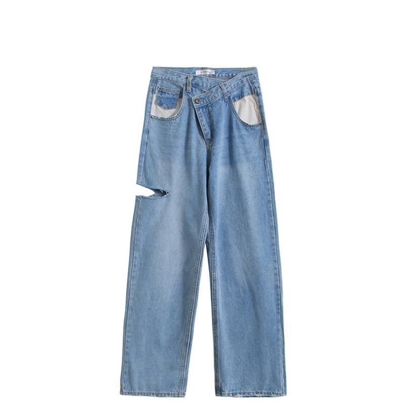 Fashion Blue Washed White Pocket Slanted Side Cut Jeans,Denim