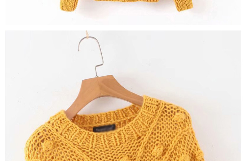 Fashion Yellow Crocheted Ball Stitching Round Neck Sweater,Sweater