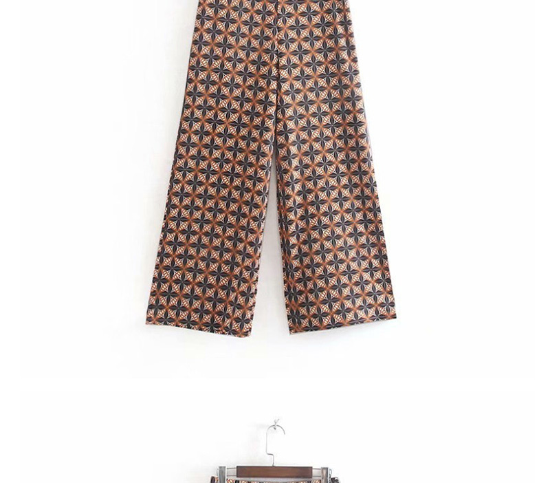Fashion Brown Plaid Geometric Flower Print Straight Pants,Pants