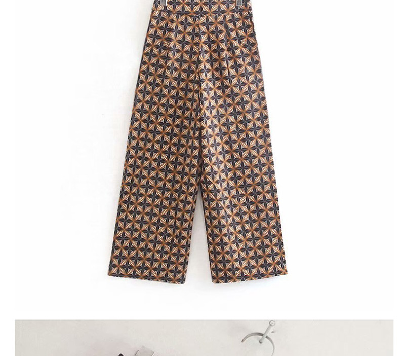 Fashion Brown Plaid Geometric Flower Print Straight Pants,Pants