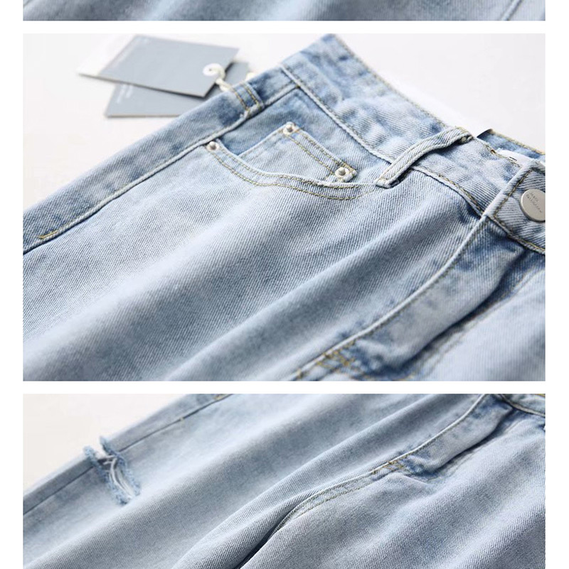 Fashion Light Blue Washed Side Cut Nine Points Of Raw Jeans,Denim