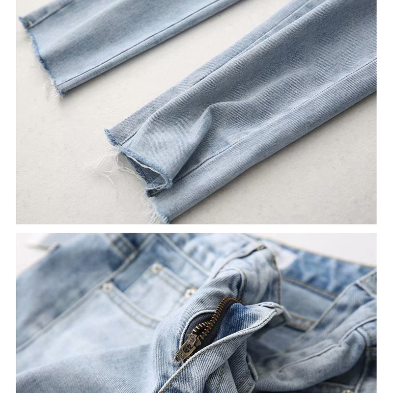 Fashion Light Blue Washed Side Cut Nine Points Of Raw Jeans,Denim