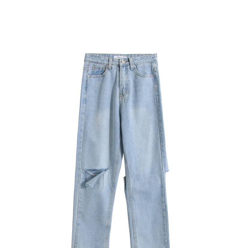 Fashion Light Blue Washed Holes Before And After Jeans,Denim