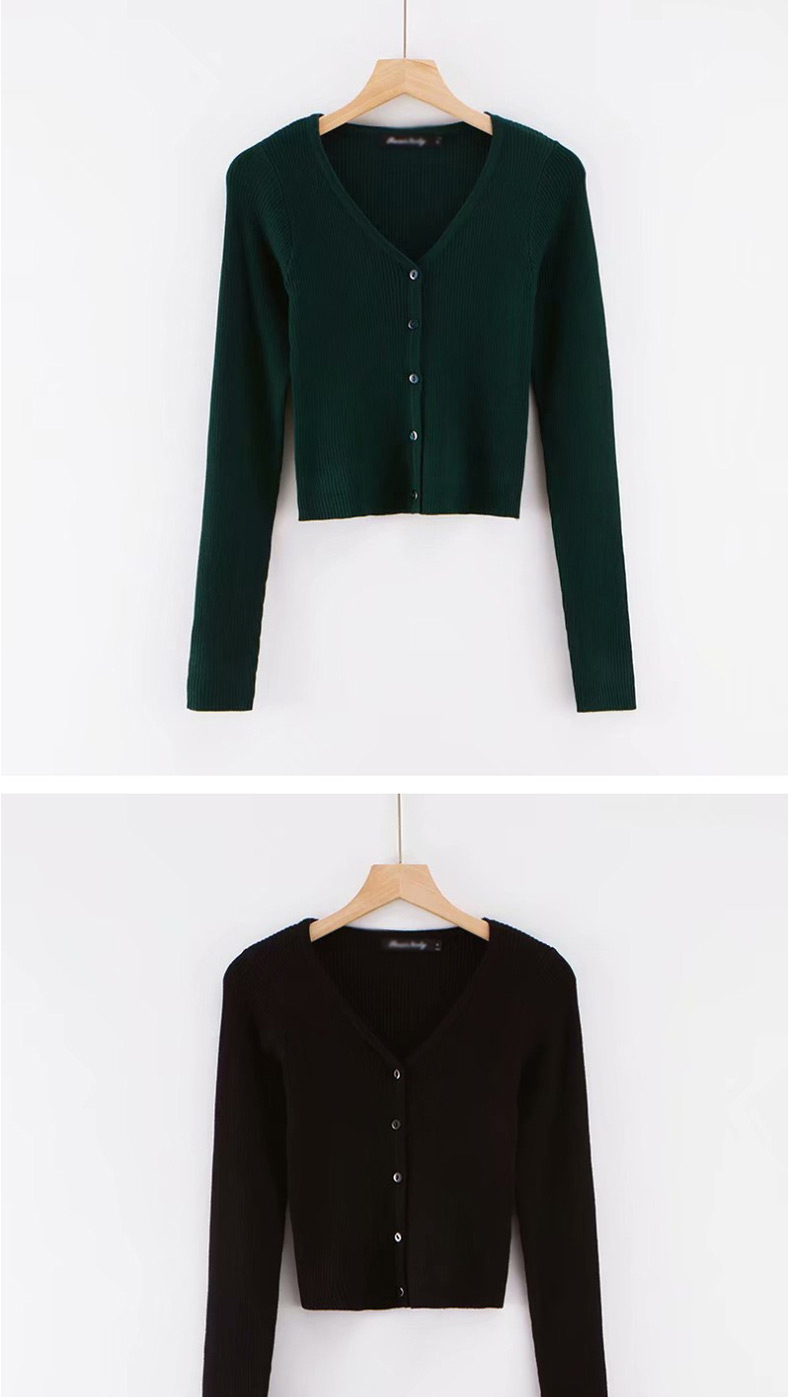 Fashion Dark Green Solid Color Large V Five Button Knit T-shirt,Sweater