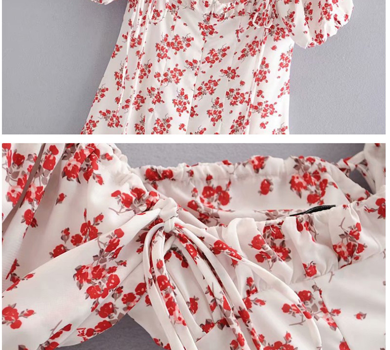 Fashion Red Flower Flower Print Drawstring Dress,Mini & Short Dresses