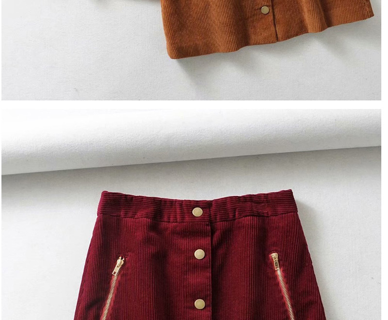 Fashion Red Wine Solid Color Corduroy Double Zip Skirt,Skirts