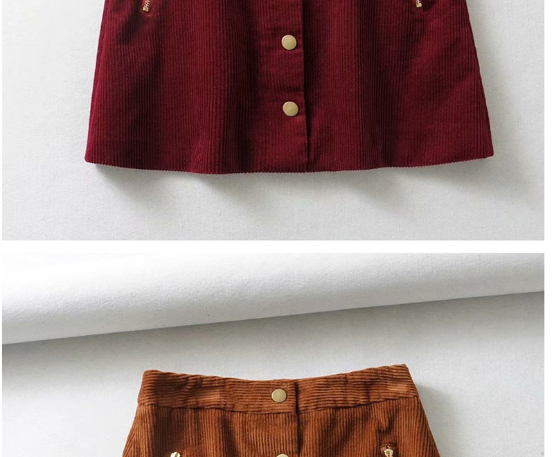 Fashion Red Wine Solid Color Corduroy Double Zip Skirt,Skirts