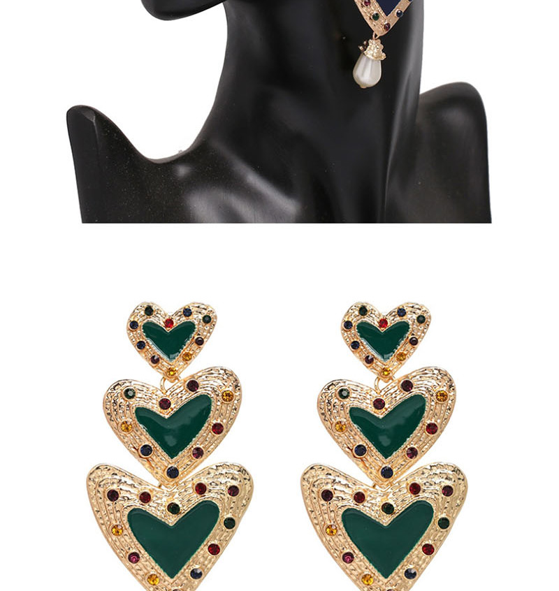 Fashion Green Diamond Three-layer Heart-shaped Earrings,Drop Earrings