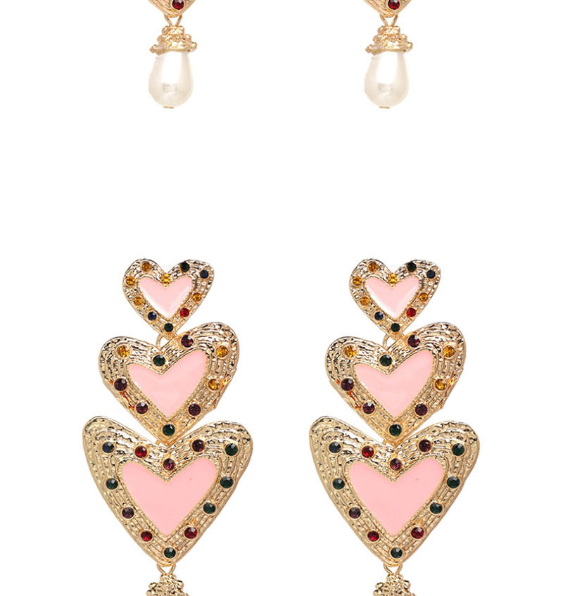 Fashion Pink Diamond Three-layer Heart-shaped Earrings,Drop Earrings