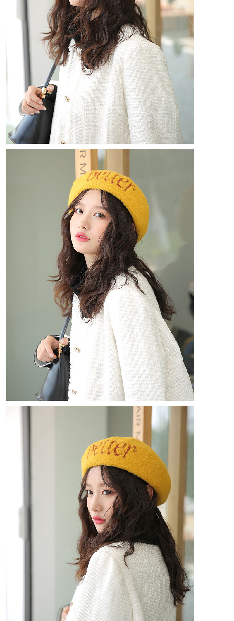 Fashion Yellow Velvet Embroidery Letter Beret,Beanies&Others