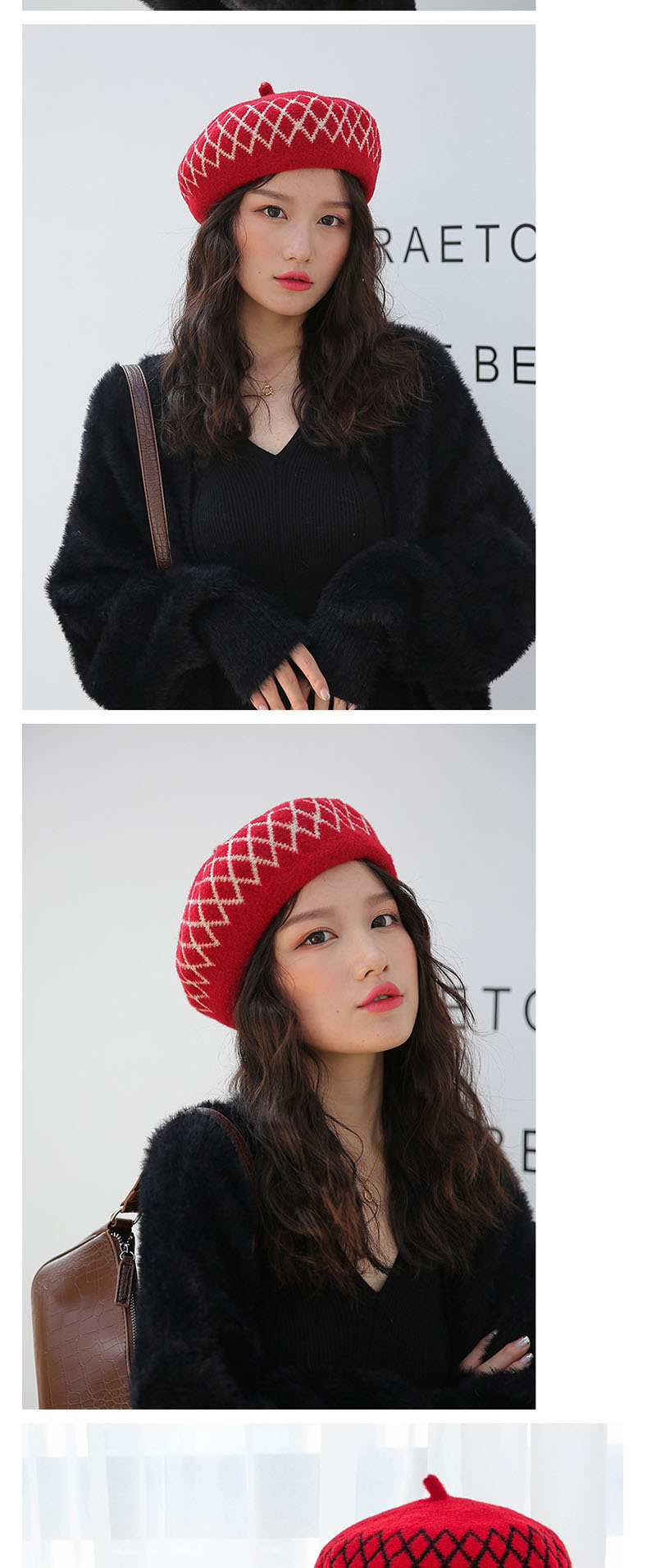 Fashion Black Velvet Colorblock Diamond Plaid Beret,Sun Hats