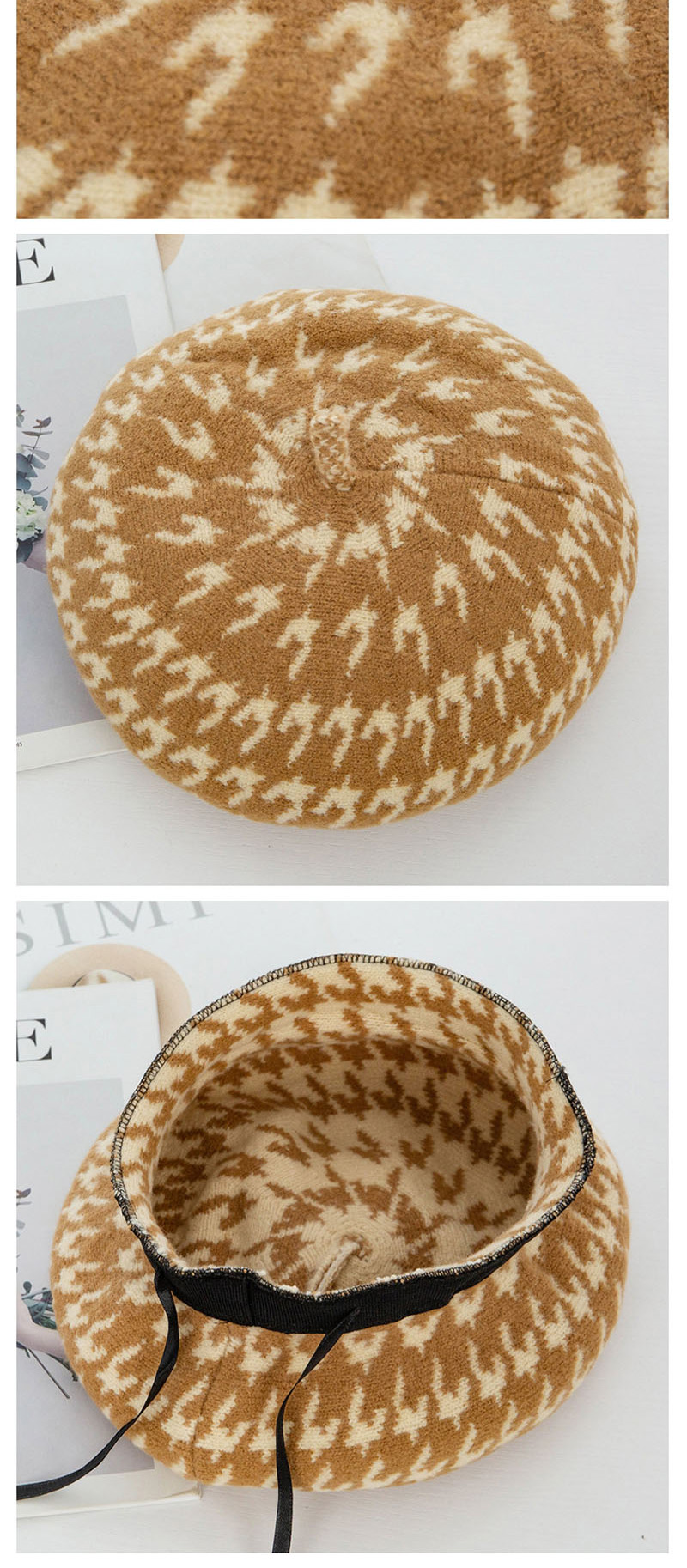 Fashion Camel Houndstooth Wool Beret,Sun Hats