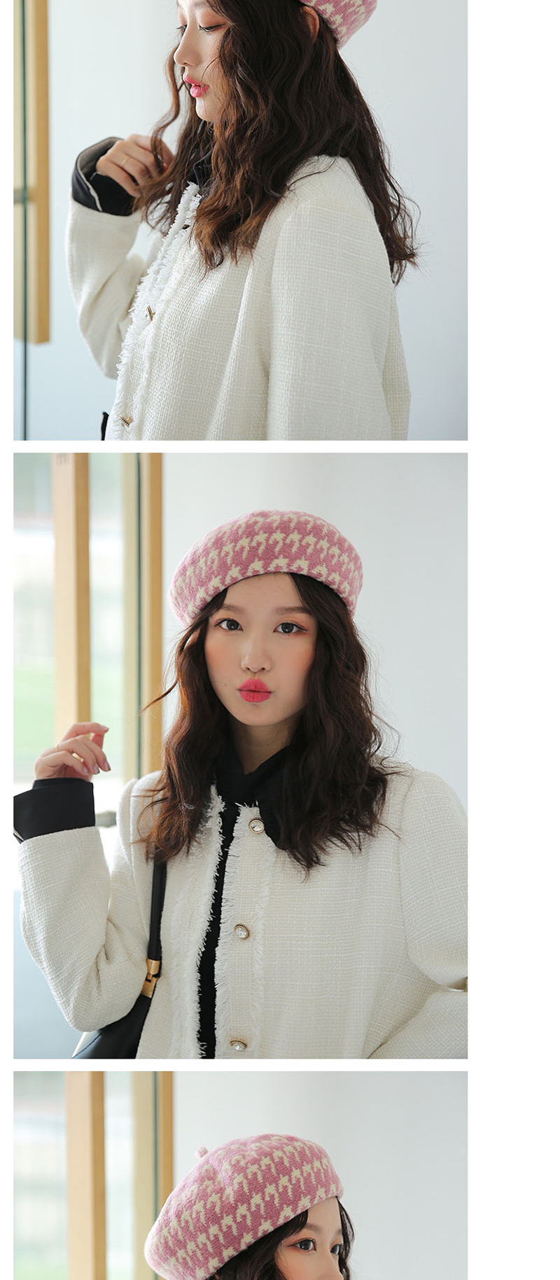 Fashion Pink Houndstooth Wool Beret,Sun Hats