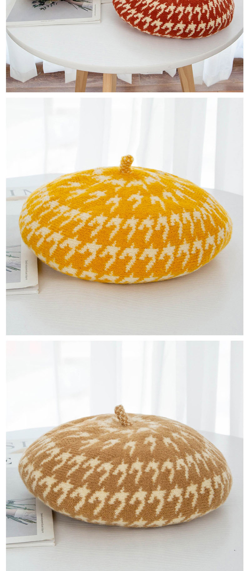 Fashion Yellow Houndstooth Wool Beret,Sun Hats