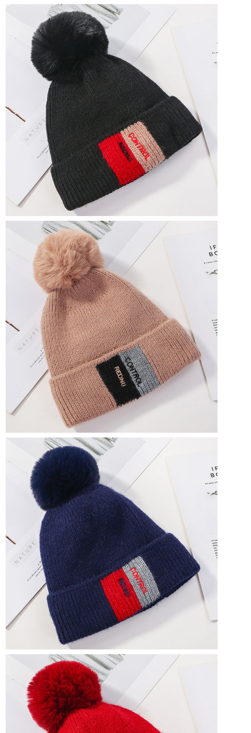 Fashion Black Contrast Letter Velvet Knit Plus Velvet Cap,Knitting Wool Hats