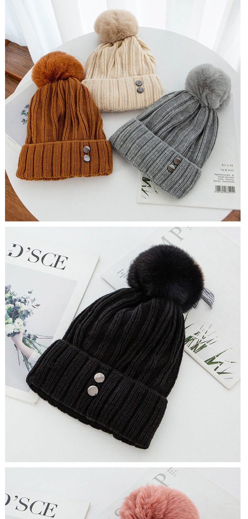 Fashion Black Double-layer Plus Velvet Double Rivet Hair Ball Wool Cap,Knitting Wool Hats