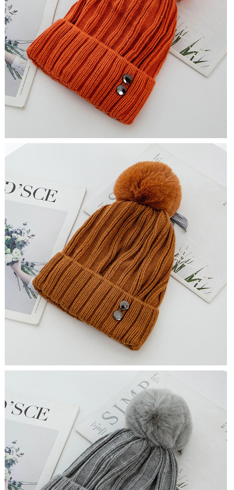 Fashion Beige Double-layer Plus Velvet Double Rivet Hair Ball Wool Cap,Knitting Wool Hats