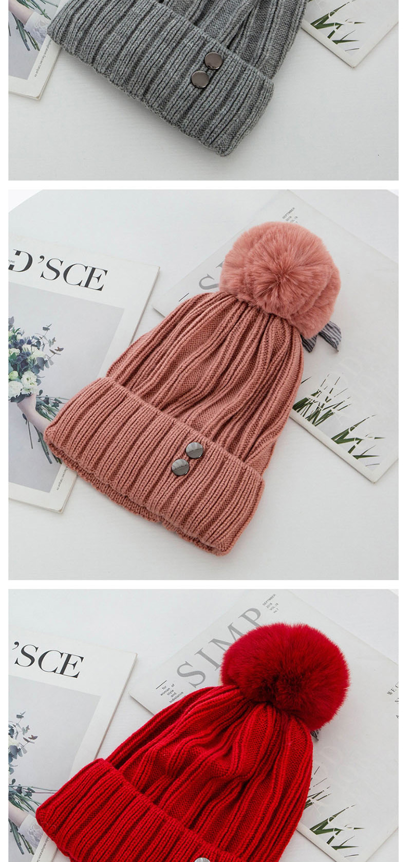 Fashion Lotus Color Double-layer Plus Velvet Double Rivet Hair Ball Wool Cap,Knitting Wool Hats