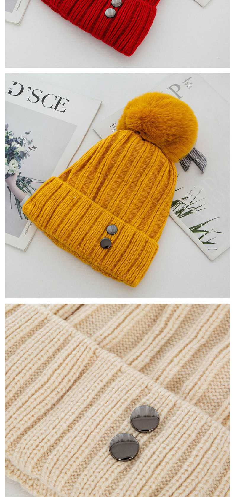 Fashion Yellow Double-layer Plus Velvet Double Rivet Hair Ball Wool Cap,Knitting Wool Hats