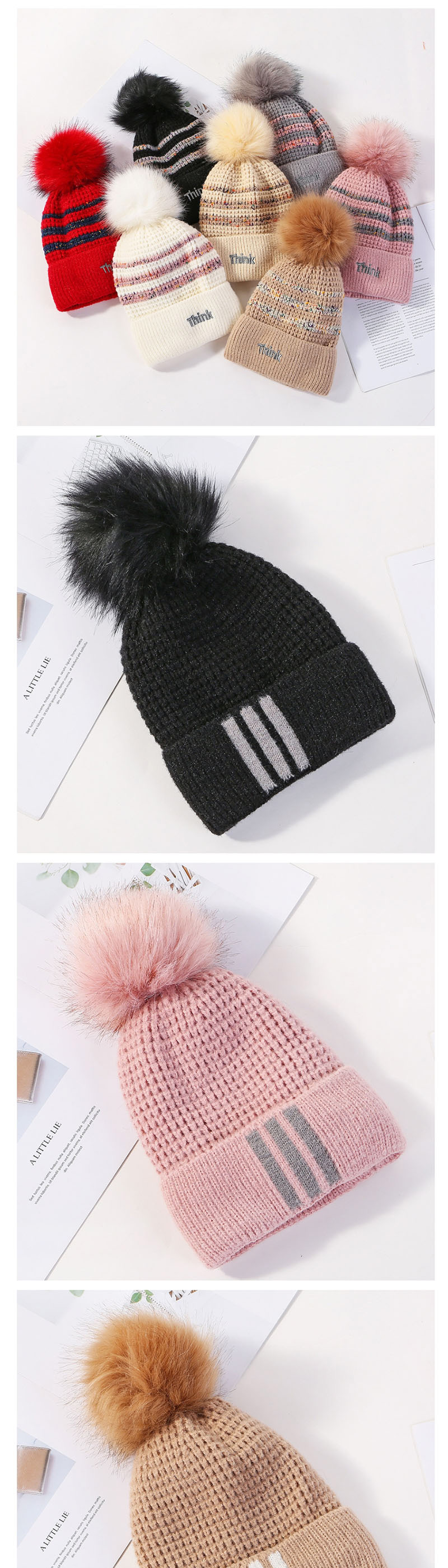 Fashion Pink Plush Knitted Three-bar Wool Cap,Knitting Wool Hats