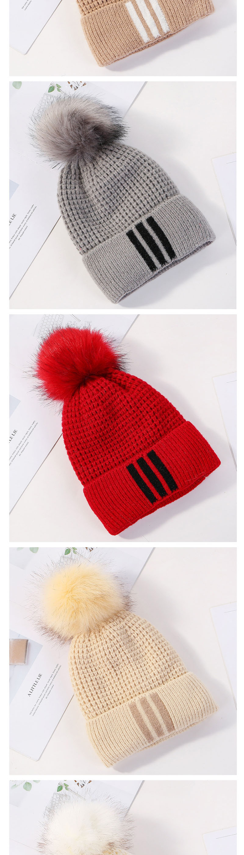 Fashion Red Plush Knitted Three-bar Wool Cap,Knitting Wool Hats