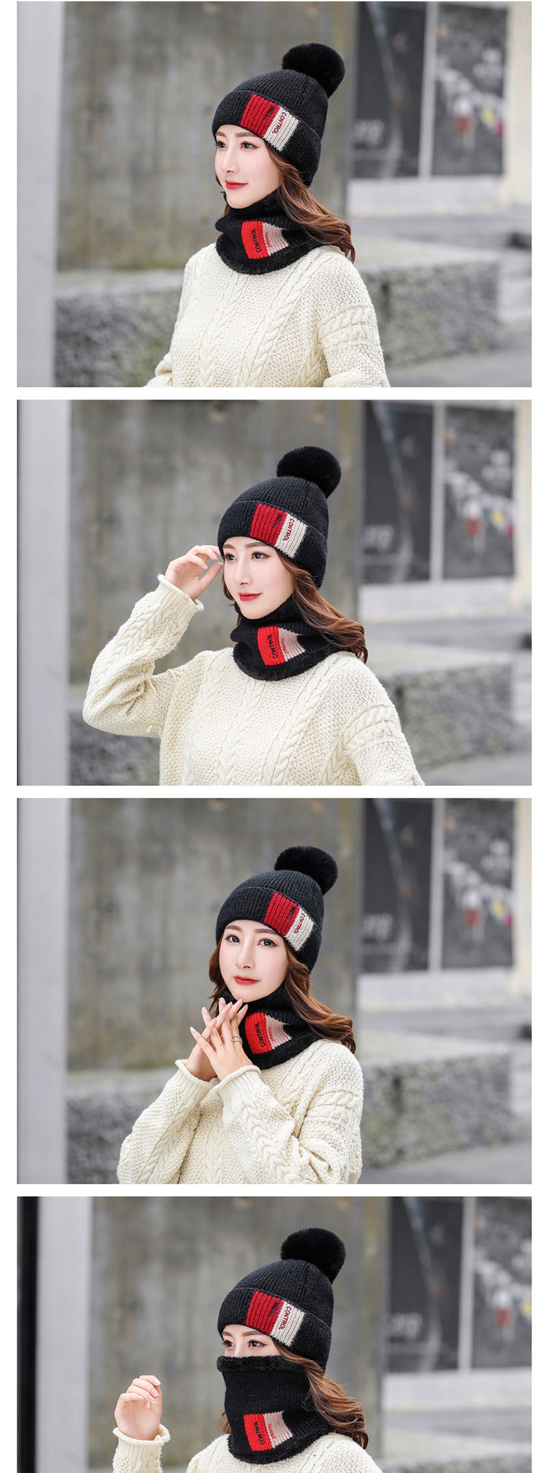 Fashion Navy Plus Velvet Color Matching Hat Bib Two-piece,Knitting Wool Hats