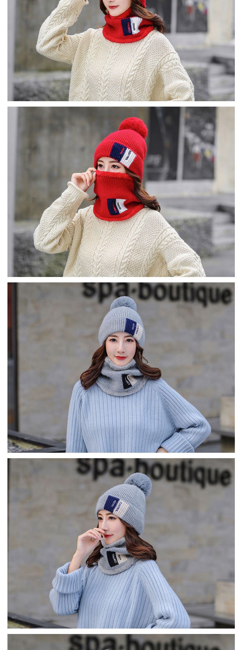 Fashion Gray Plus Velvet Color Matching Hat Bib Two-piece,Knitting Wool Hats