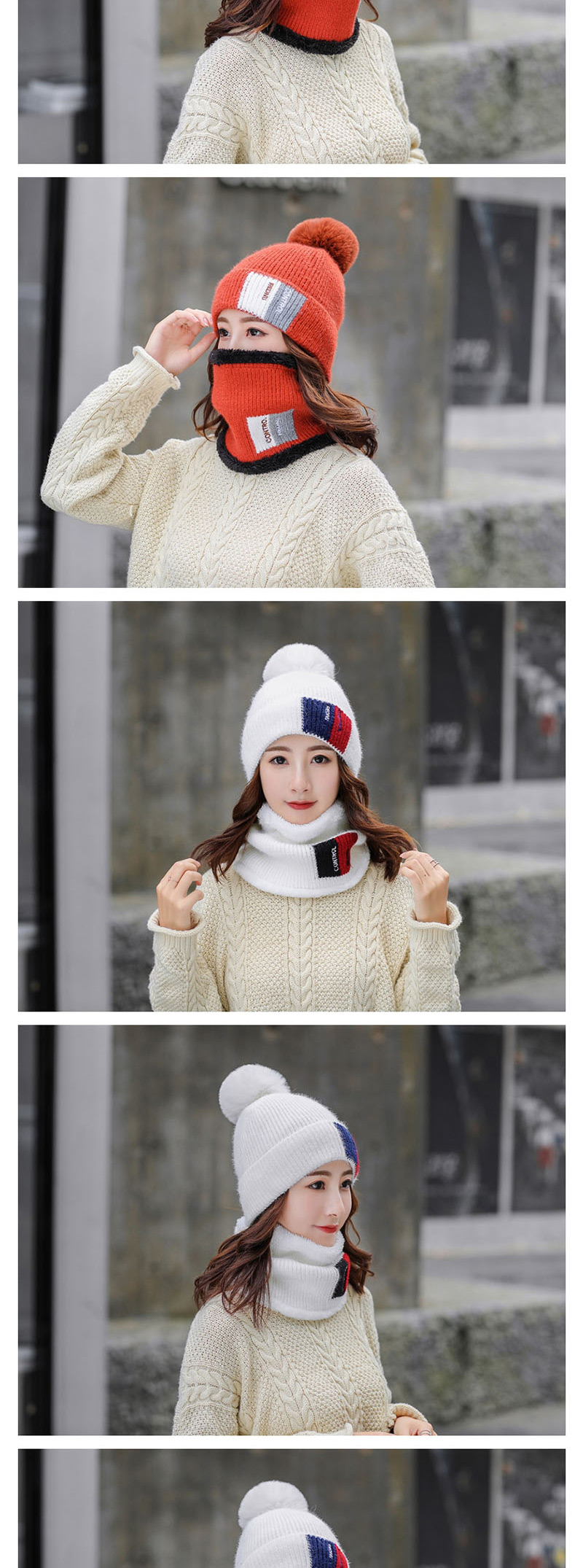 Fashion Red Plus Velvet Color Matching Hat Bib Two-piece,Knitting Wool Hats