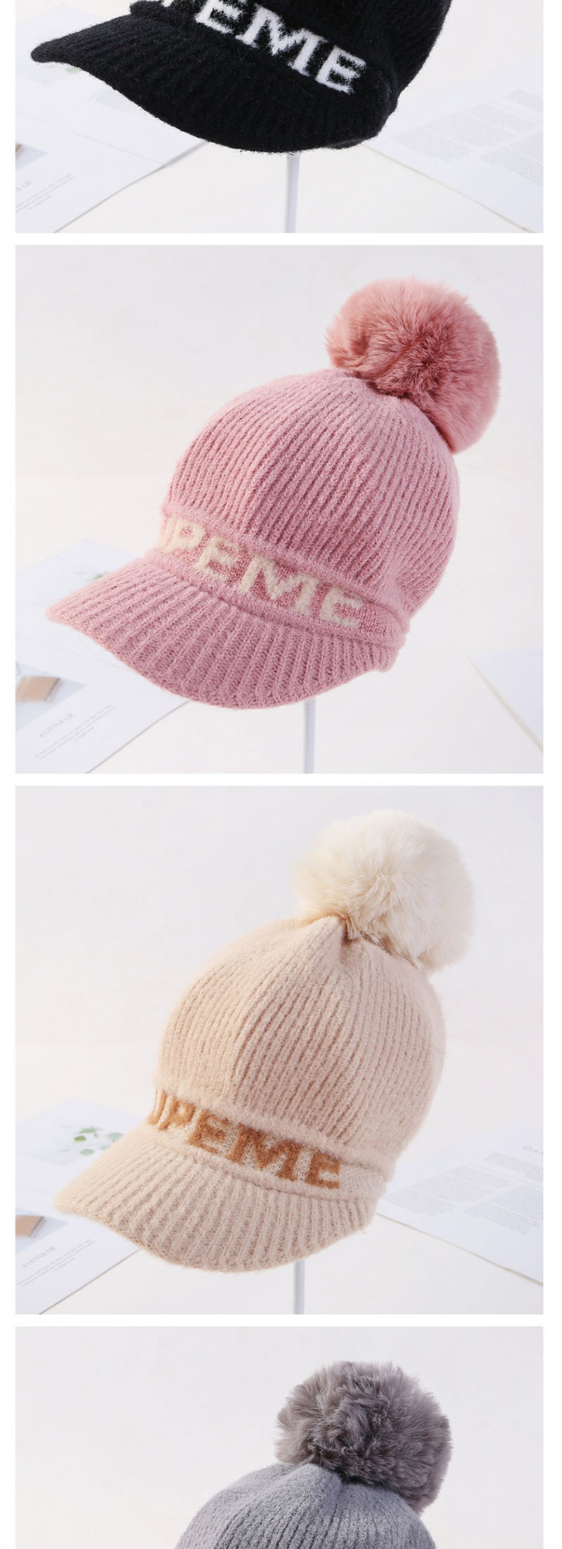 Fashion Pink Plush Letter Knit Wool Ball Wool Cap,Knitting Wool Hats