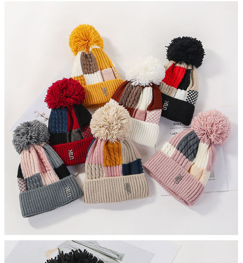 Fashion Yellow Plush Knit Colorblock Plaid Wool Cap,Knitting Wool Hats