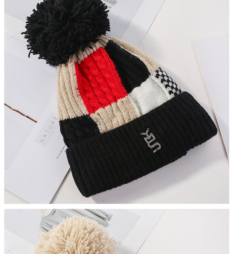 Fashion Black Plush Knit Colorblock Plaid Wool Cap,Knitting Wool Hats