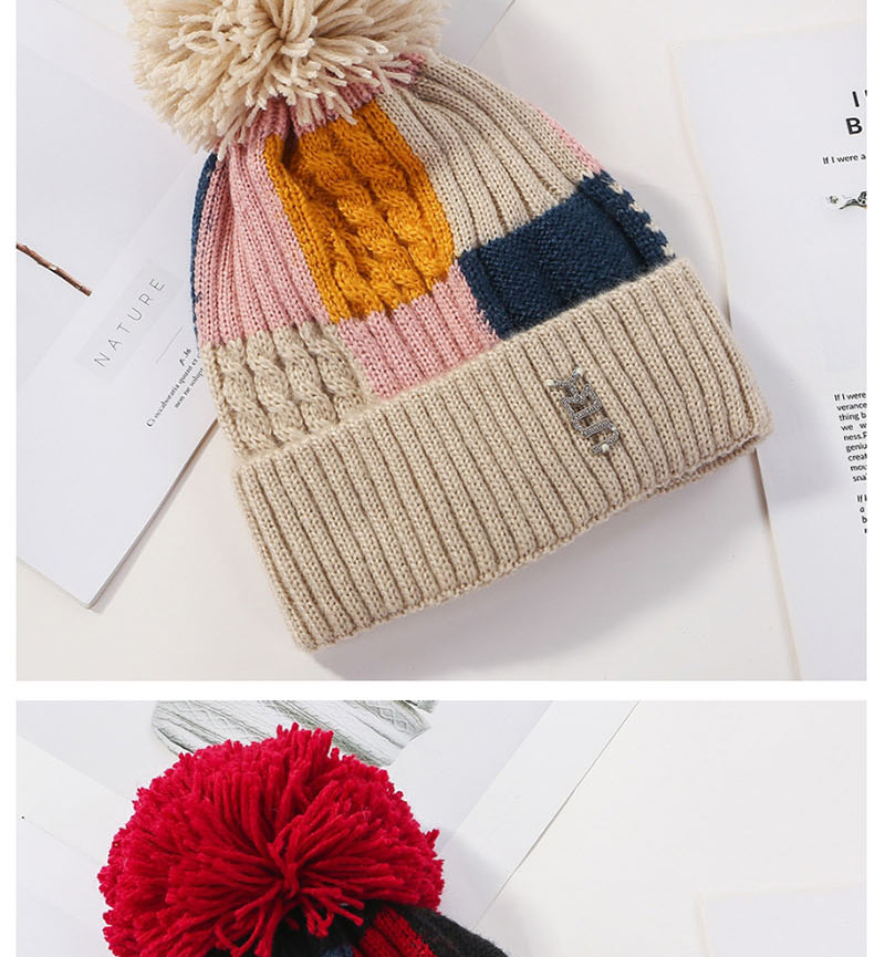 Fashion Red Plush Knit Colorblock Plaid Wool Cap,Knitting Wool Hats
