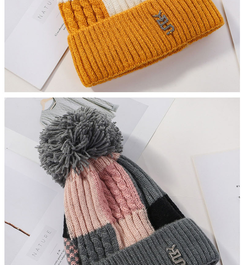 Fashion Yellow Plush Knit Colorblock Plaid Wool Cap,Knitting Wool Hats