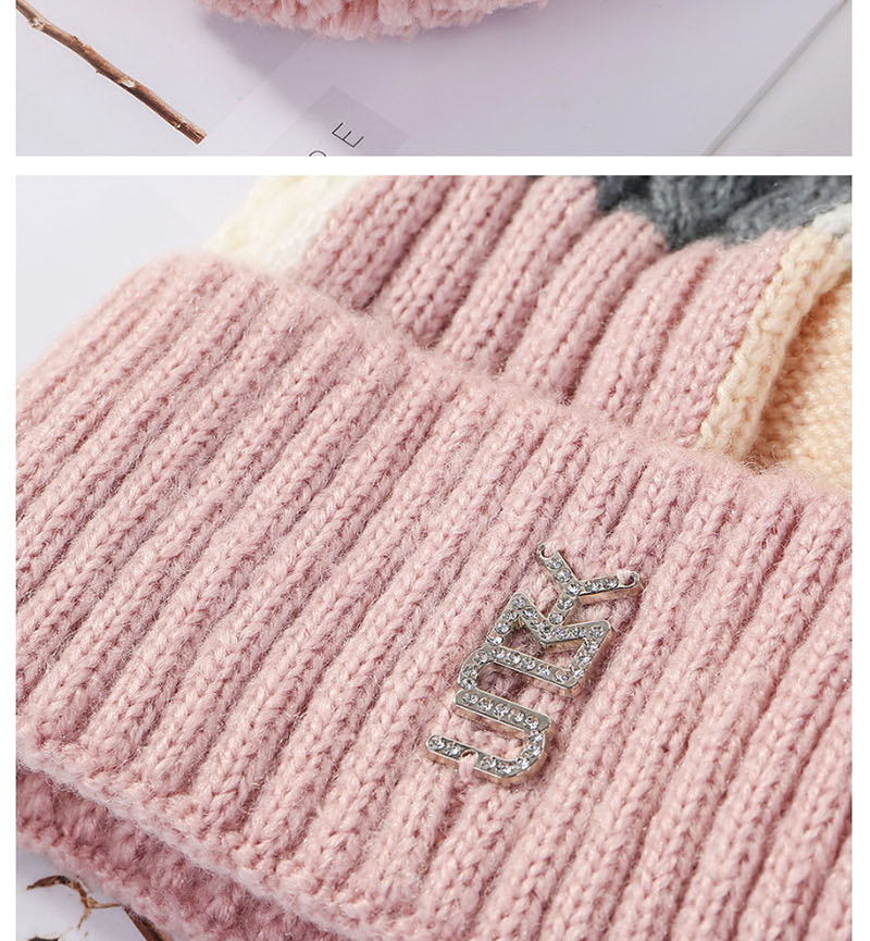 Fashion Pink Plush Knit Colorblock Plaid Wool Cap,Knitting Wool Hats